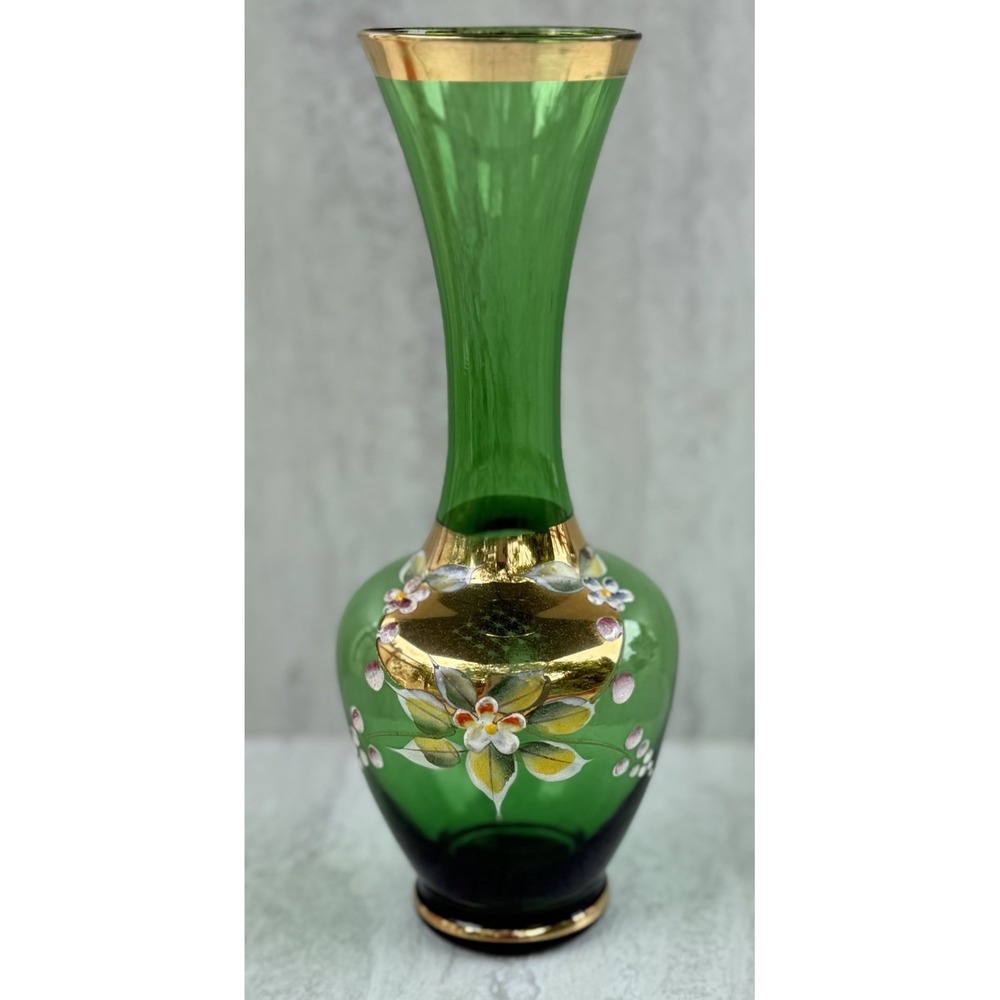 Vtg Bohemian Emerald Green Gold Czech Glass Bud Vase 7" Enamel Hand Painted 5628